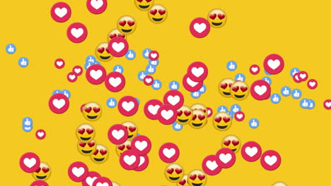 animación de emoticones y reacciones en las redes sociales que se mueven sobre un fondo amarillo