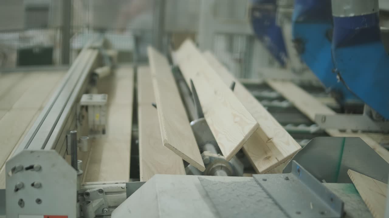 Assi di legno che si muovono su un nastro trasportatore automatizzato in fabbrica.