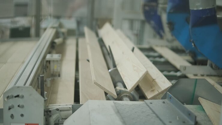 Wooden Planks Moving on Automated Conveyor Belt in Factory