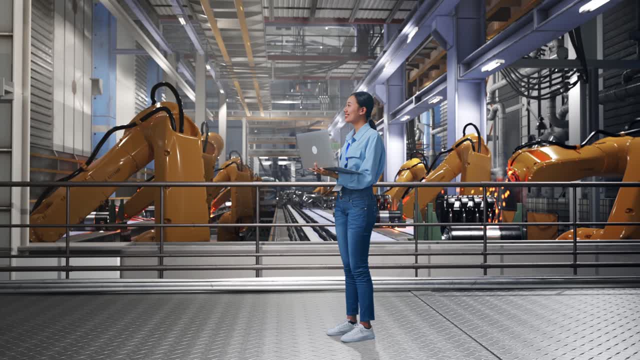 Full Body Side View Of Asian Female With Industrial Robotic Arms Working, Observes By Looking Up Before She Come To Concentrating On The Laptop And Keep On Typing