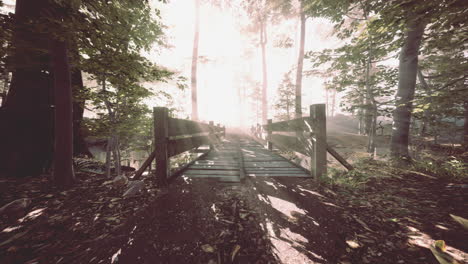 Hängende-Holzbrücke-über-Den-Fluss-Zum-Nebligen,-Geheimnisvollen-Wald