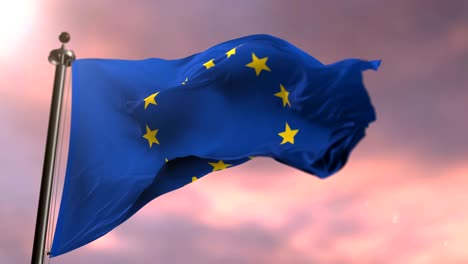 flag of europe waving at wind in slow at sunset, loop