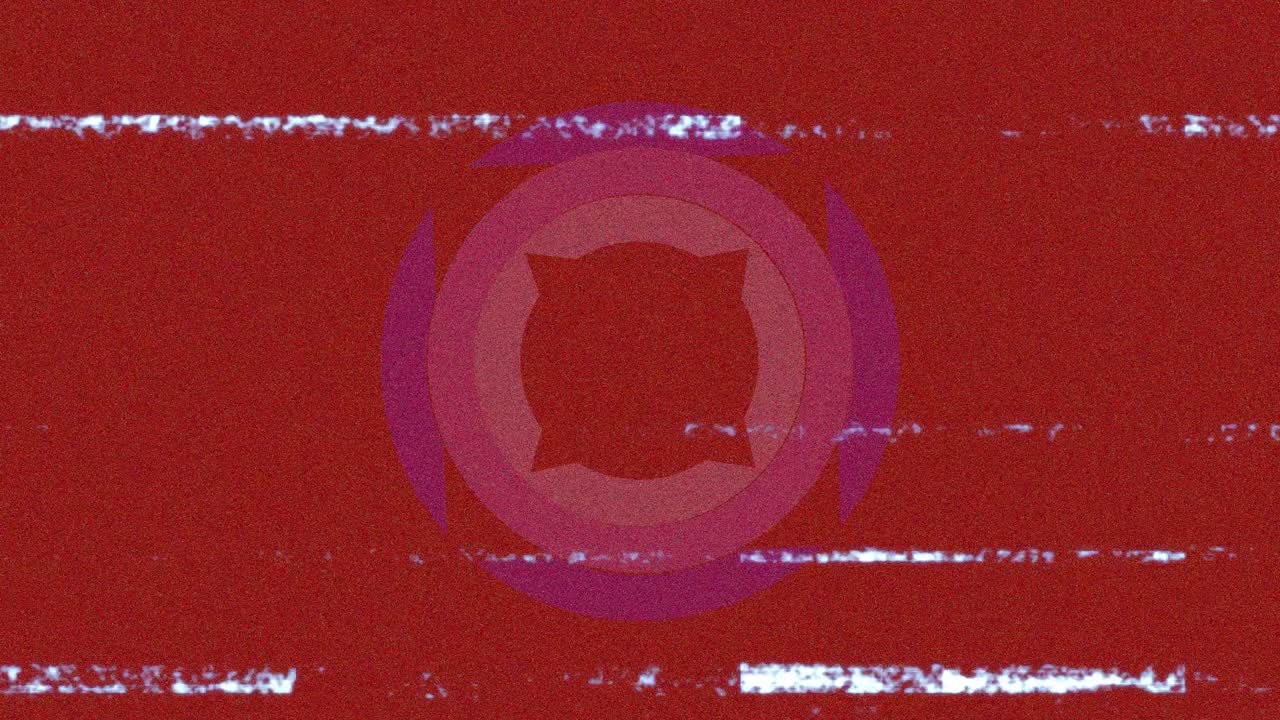 animación de glitch sobre fondo rojo con círculos giratorios