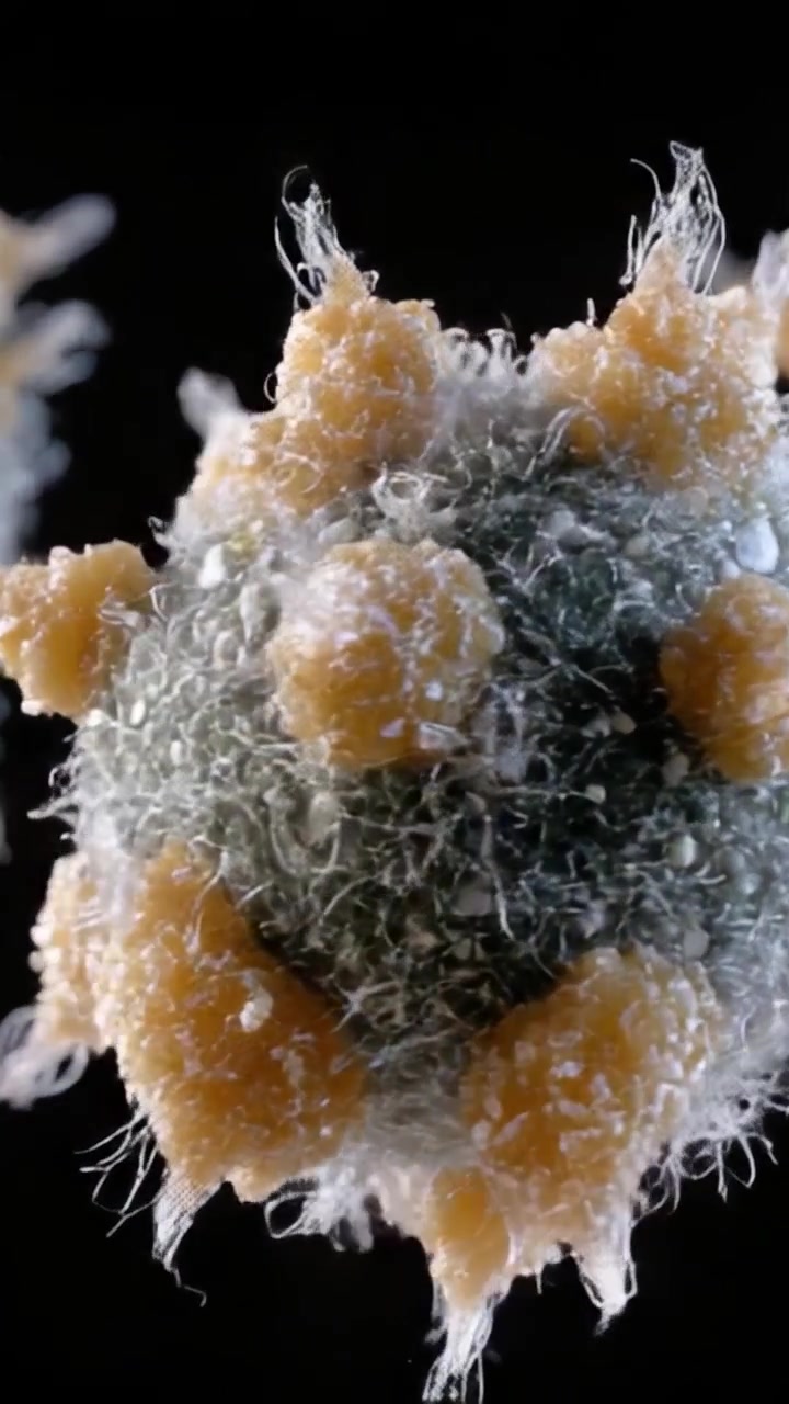 Vista microscopica intricata di una struttura virale che mostra caratteristiche superficiali uniche e una texture complessa sotto forte ingrandimento.