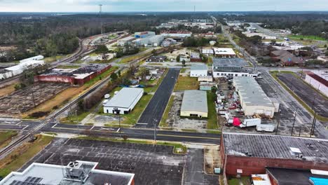 Aerial View Of Industrial Area With Destroyed Buildings And Railroad Tracks In Valdosta, Georgia, USA.