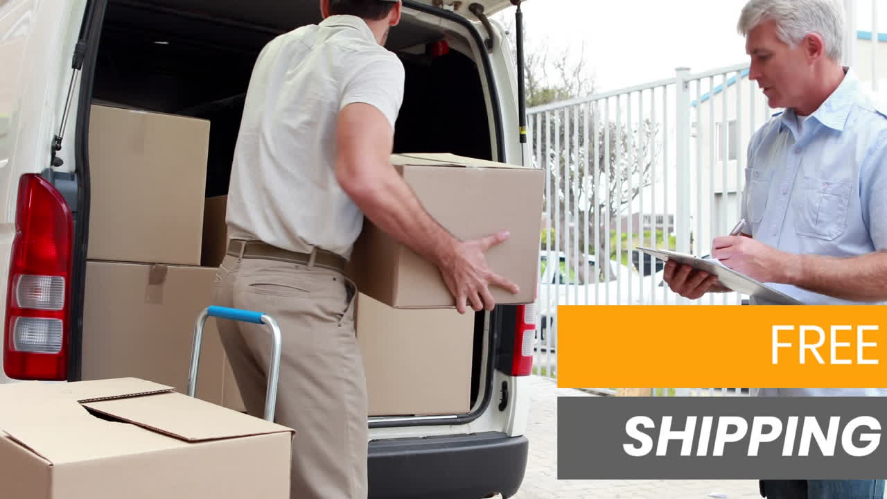 클립보드 박스를 밴에 담은 남자들 위에서 무료 배송이라는 단어의 애니메이션