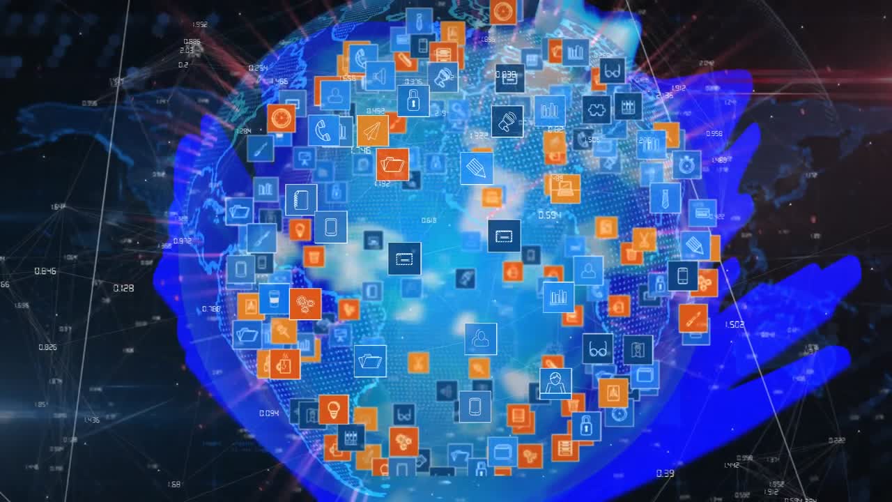 animación del globo con iconos y red de conexiones