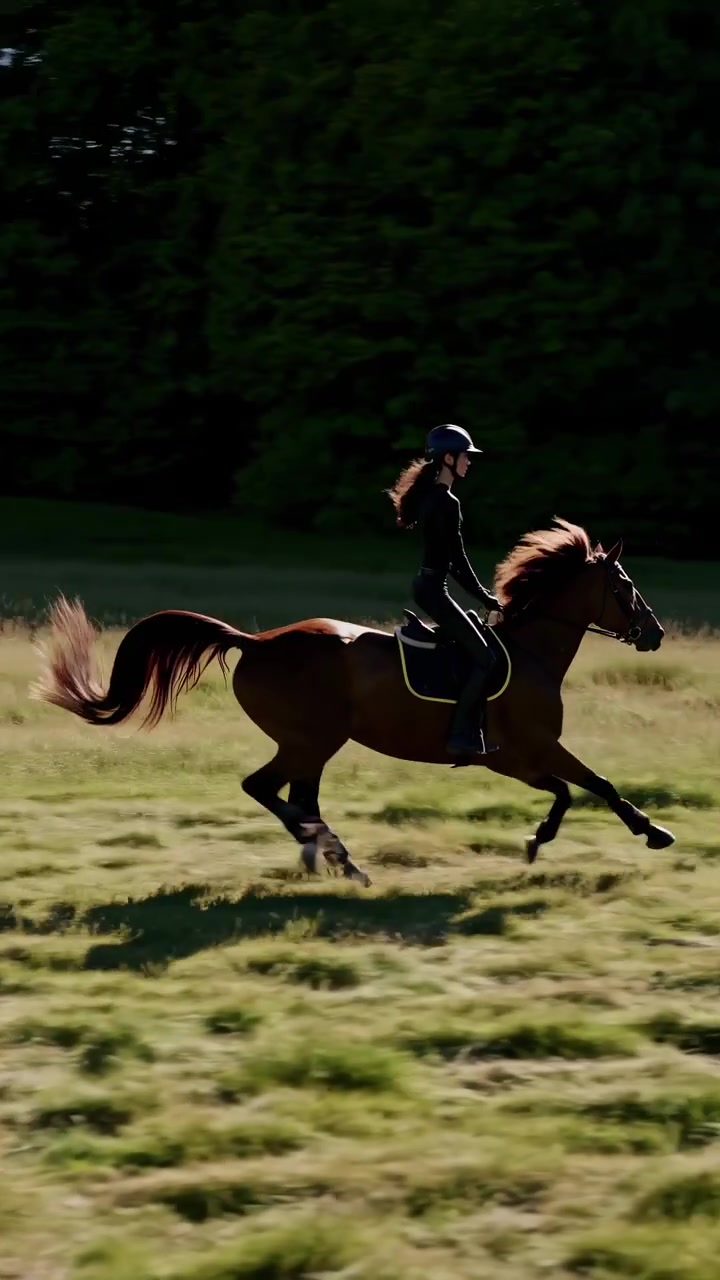 Amazzone al galoppo su un cavallo marrone in un campo erboso