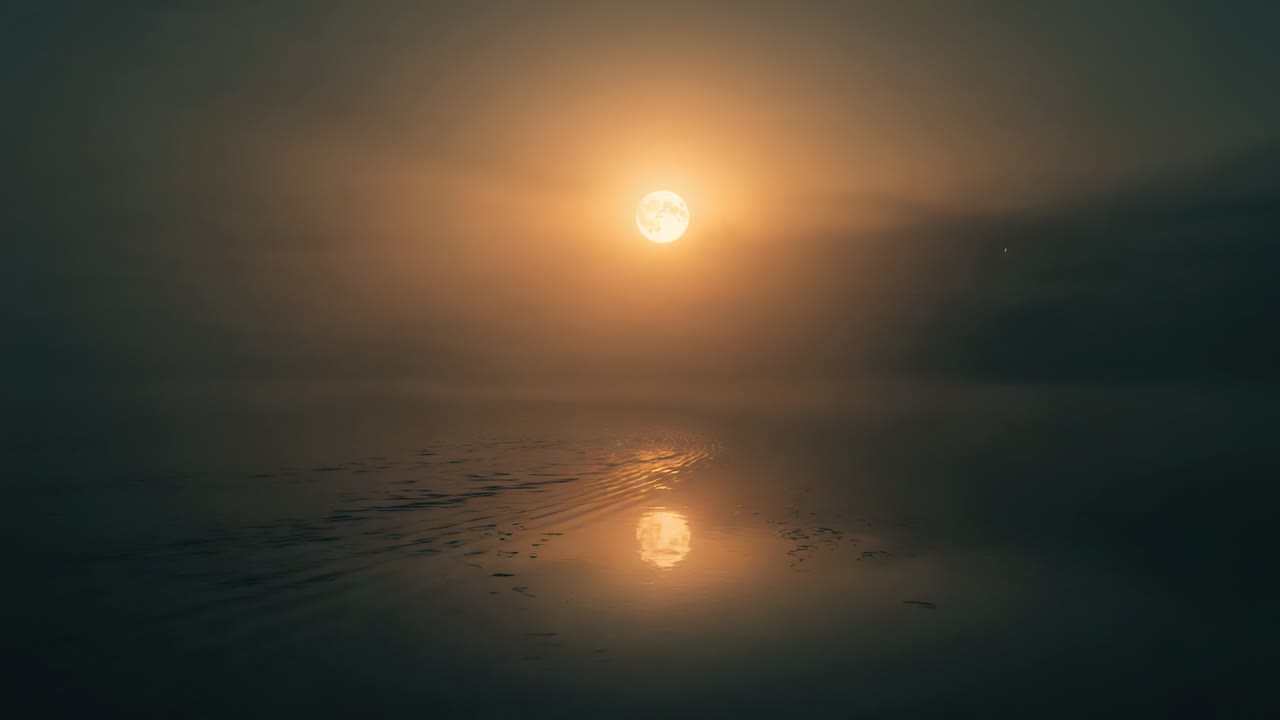 Full moon reflecting on water edge, with passing clouds dimming glow and ripples warping reflection