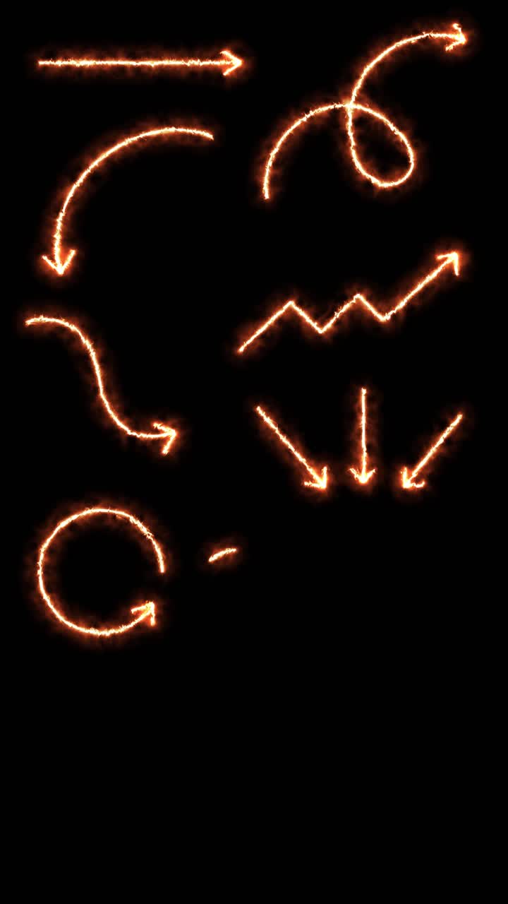 Glowing fire-like arrows and lines animate sequentially, forming dynamic symbols on a dark backdrop