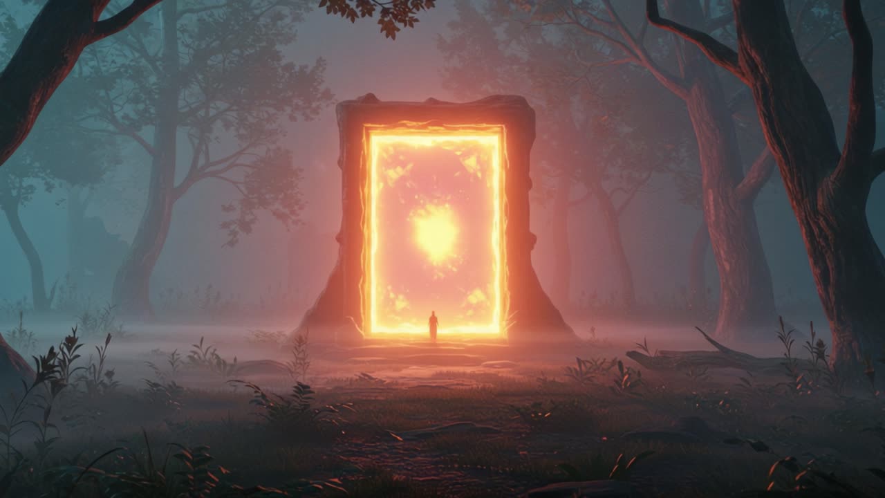 A Mysterious Gateway: Journey Through the Enigmatic Portal in a Foggy Forest Landscape Transitioning from Light to Shadow