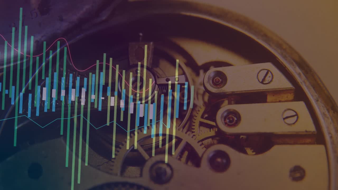 animación del procesamiento de datos financieros sobre un reloj móvil
