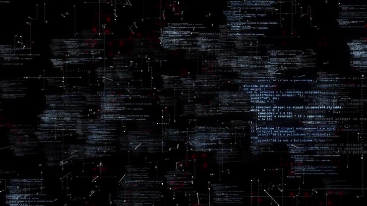 Black cyber code circuit visual scattered programming text white node links red warning lights