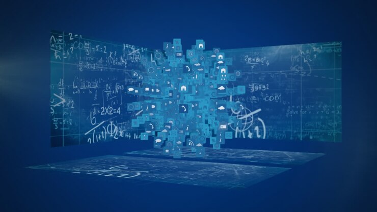 Animation of web of connection with icons and mathematical formulae on three boards