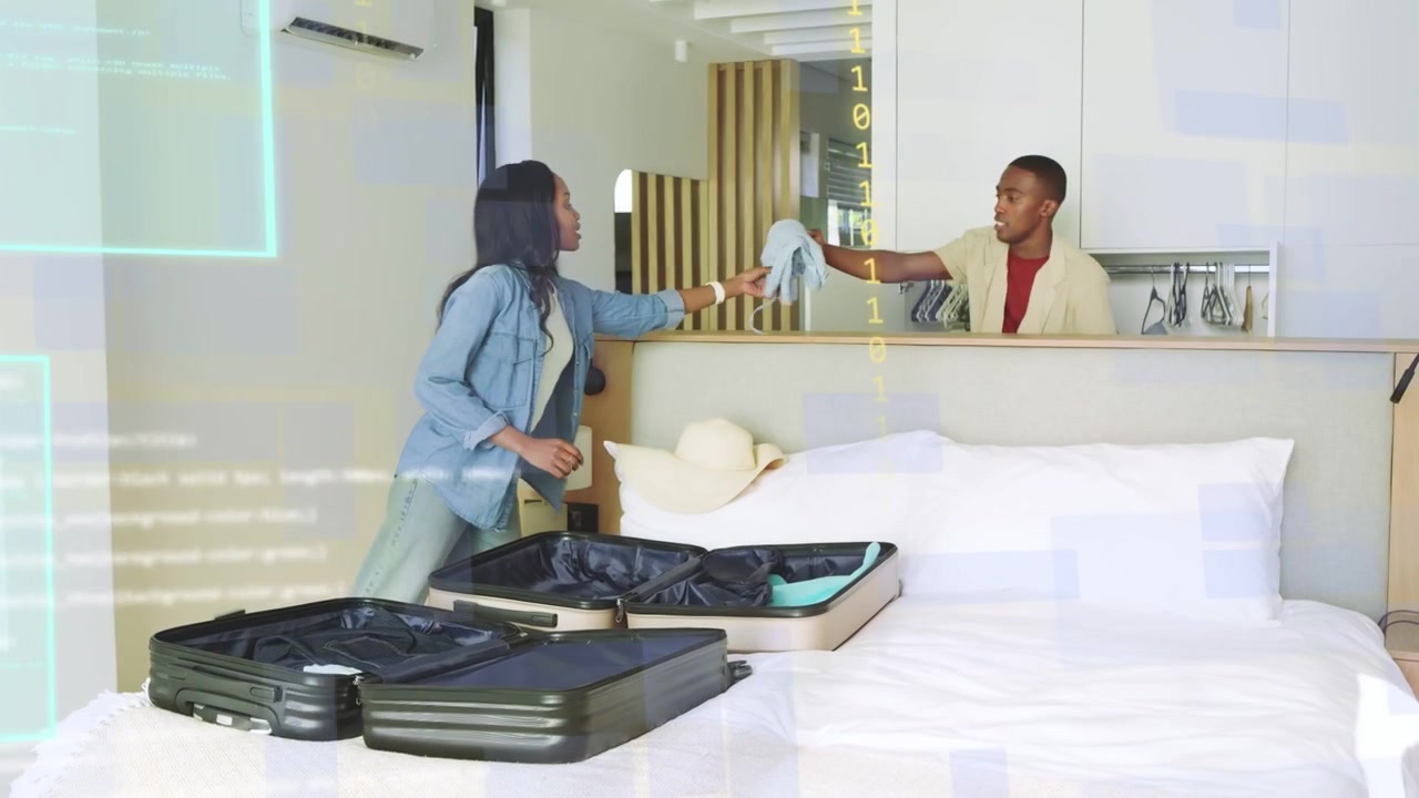Woman packing suitcases for travel, man handing folded shirt, digital overlays tagging garments