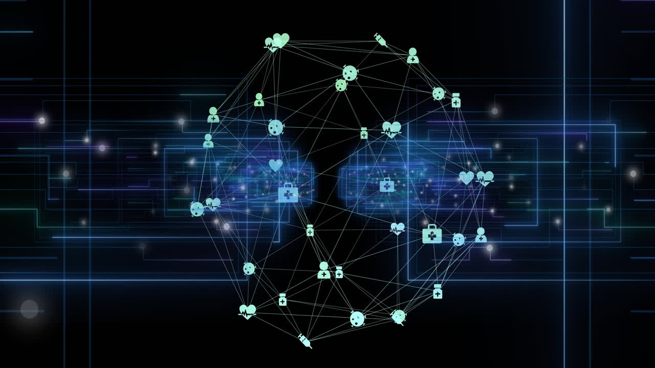 animación de procesamiento de datos y globo con iconos sobre fondo oscuro