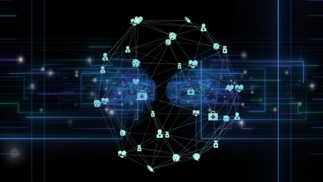 animación de procesamiento de datos y globo con iconos sobre fondo oscuro