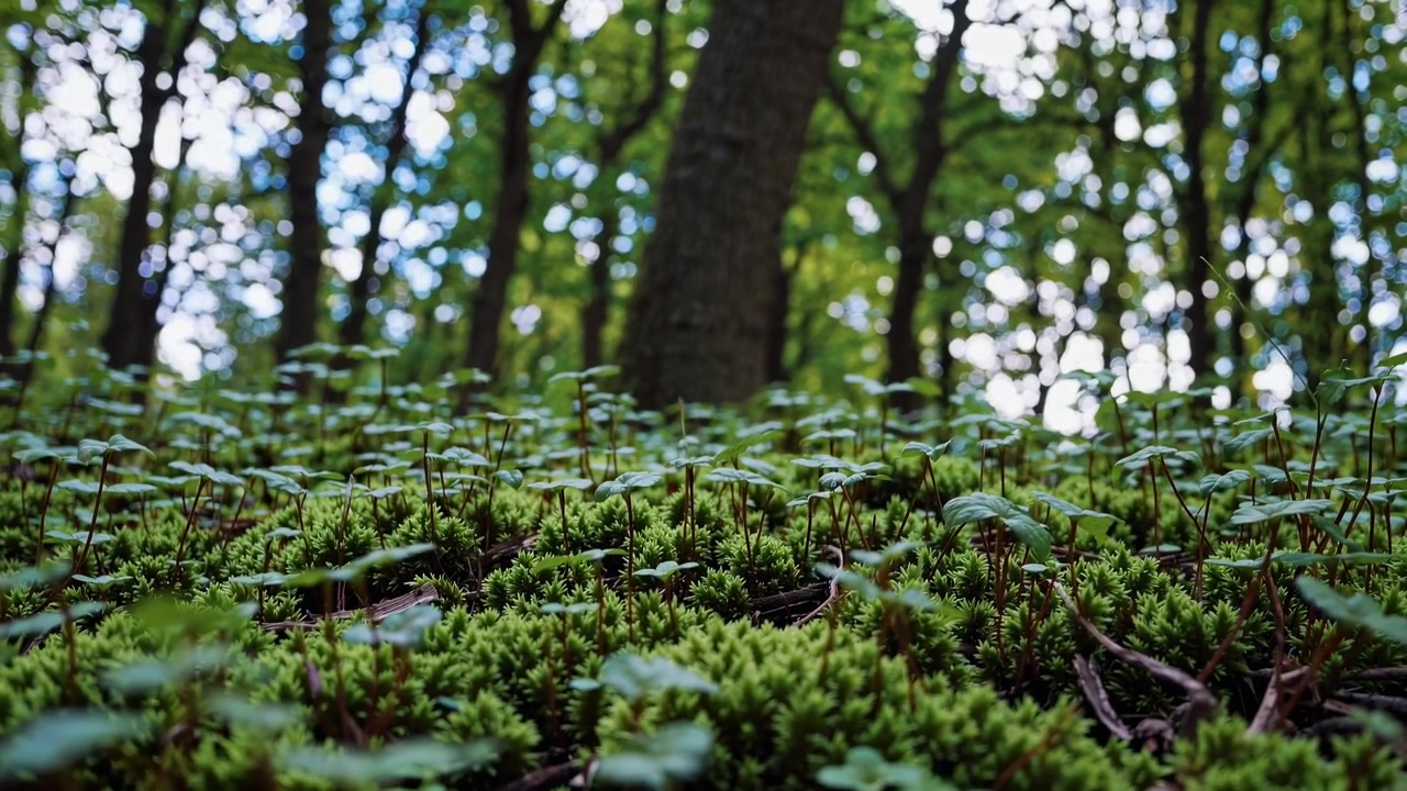 Primo piano di muschio verde e piccole piante sul sottobosco