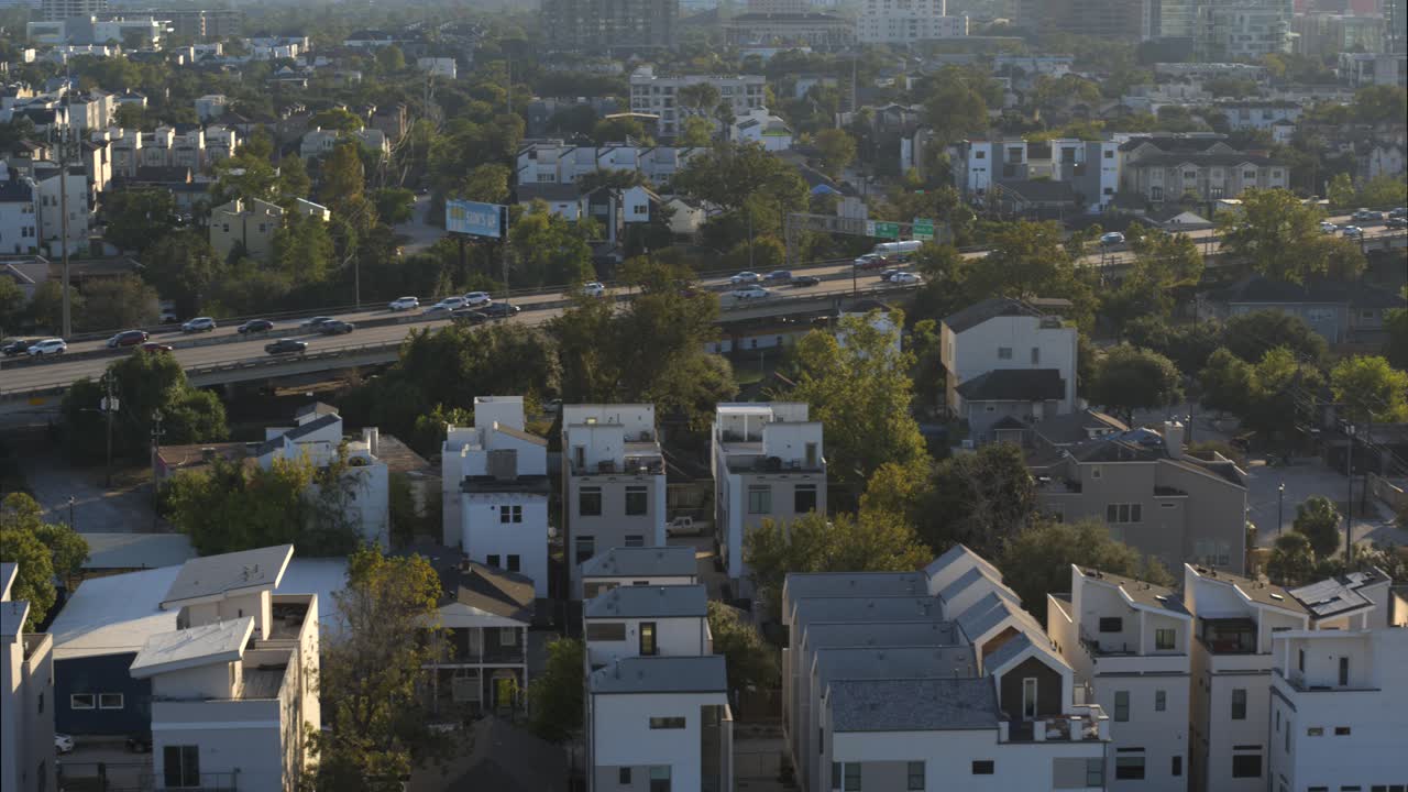 Drone view of newly built homes in Houston Third Ward area