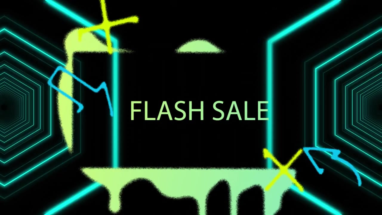 Animatie van 'flash sale' tekst en vormen op een zwarte achtergrond