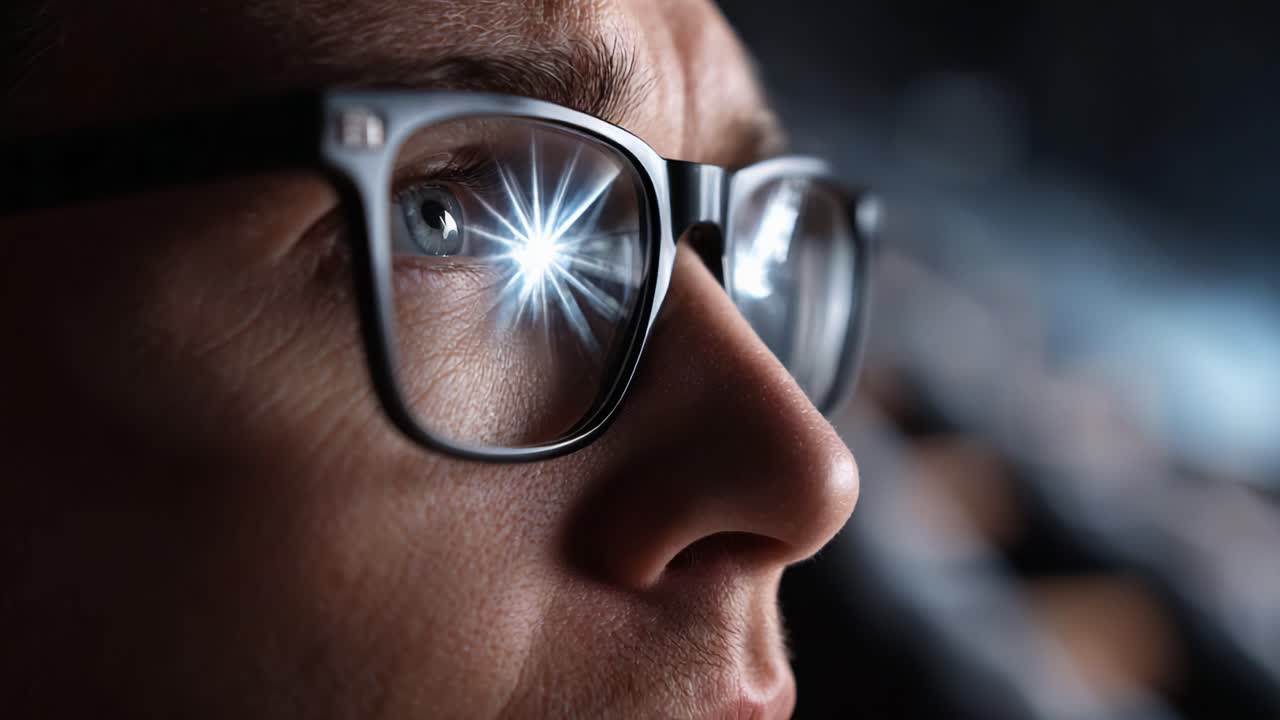 A close-up view of a person's eye reflecting a bright flash, showcasing emotions of curiosity and intensity through the lens of stylish eyeglasses