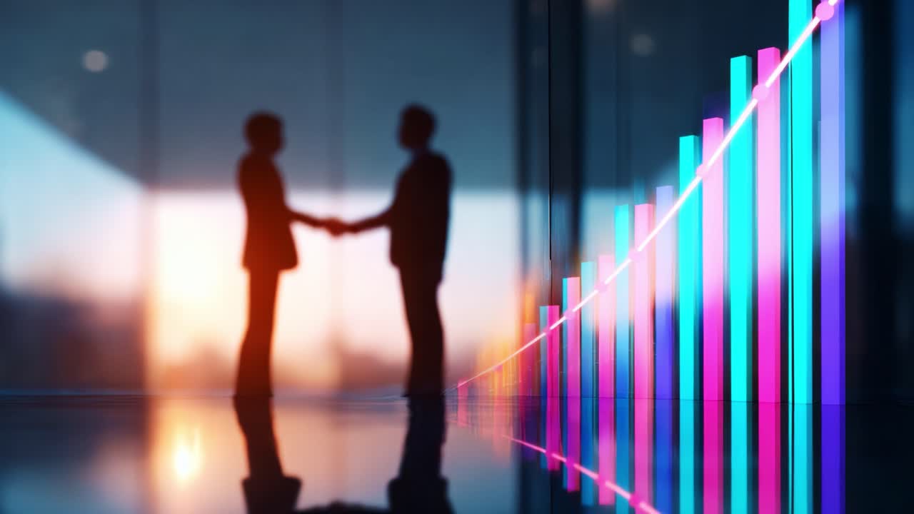 Two professionals engaged in a handshake, symbolizing collaboration and growth, with a vibrant graph in the background that represents success and future opportunities in a business environment
