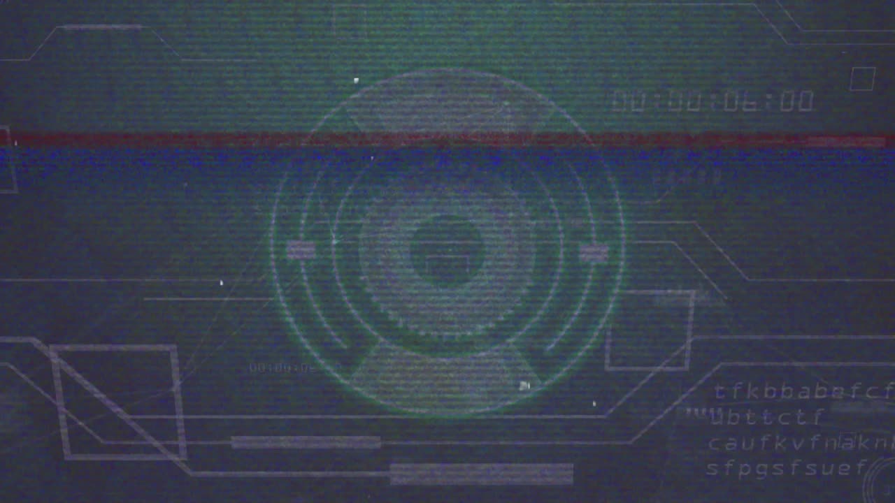 Starting screen showing circular HUD while glitch appearing and rings rotating showing status