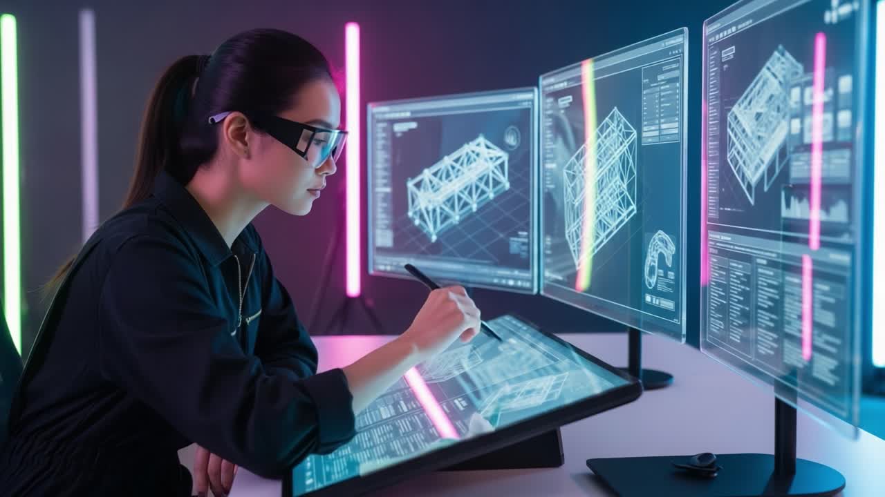 A focused professional utilizes advanced technology to create innovative designs, surrounded by vibrant screens displaying intricate 3D models and digital interfaces.