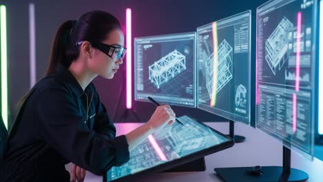 a focused professional utilizes advanced technology to create innovative designs, surrounded by vibrant screens displaying intricate 3d models and digital interfaces.