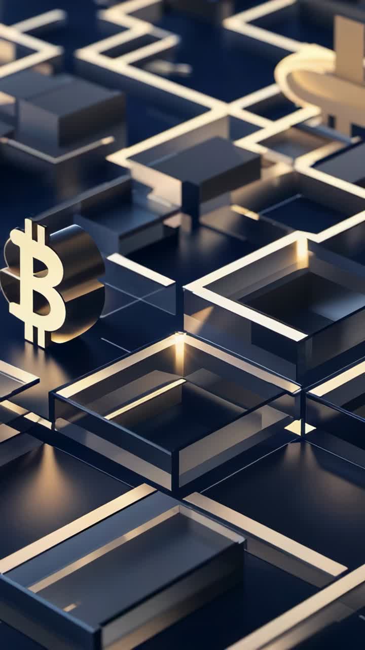 Vertical video: Starting pan moving Bitcoin symbol left on surface showing cube network, copy space