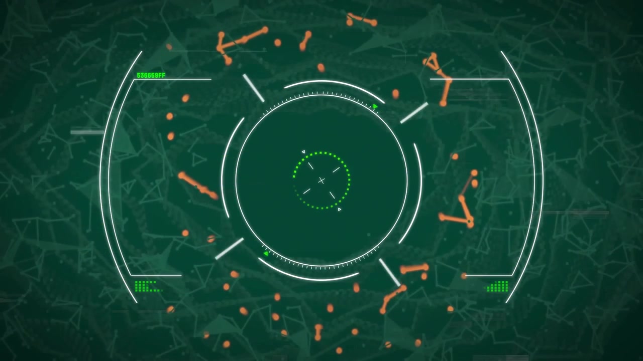 Central HUD being animated in flat design over dark green network with orange node clusters