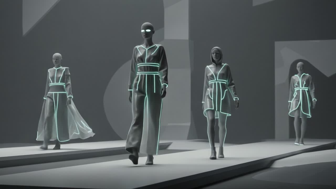 Futuristic Fashion Showcase: Stunning Models in Illuminated Attire Walk Down an Abstract Runway, Blending Technology with High Fashion in a Striking Visual Display