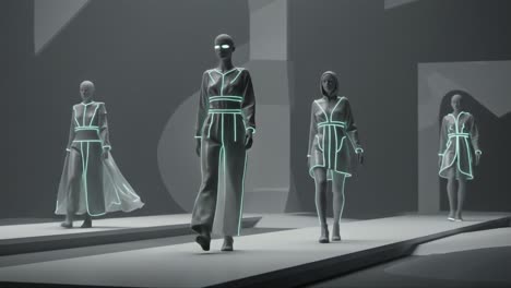 futuristic fashion showcase: stunning models in illuminated attire walk down an abstract runway, blending technology with high fashion in a striking visual display