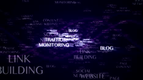 seo, optimización de motores de búsqueda, animación de texto con palabras clave, y el monitor de pantalla verde final, fondo, renderización