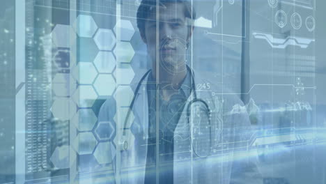 male doctor standing behind glass panel in medical lab, with holographic hexagon data interface