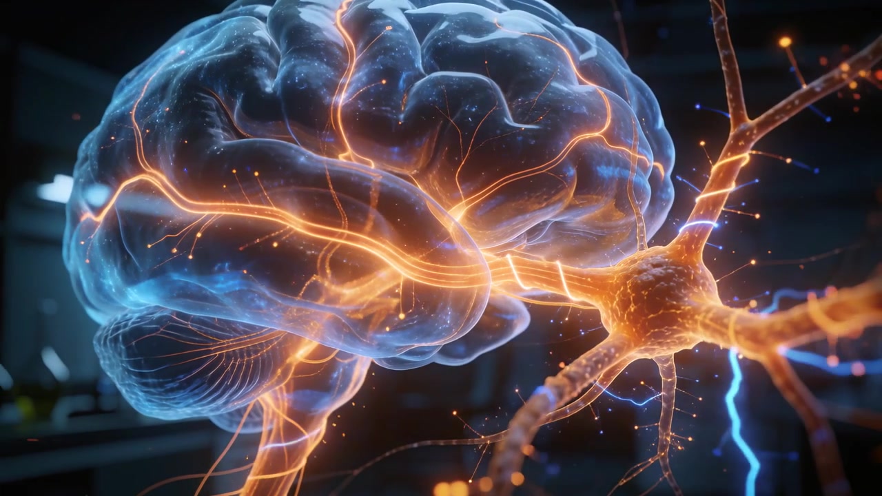 Animating brain and neuron sending orange signals after stimulus at lab, with particle sparks