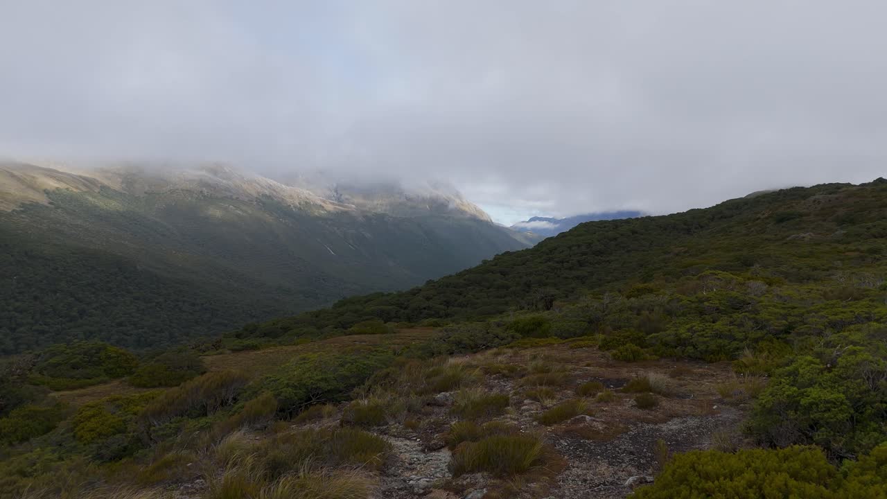 drone empujando hacia la vista aérea de las montañas del parque nacional de fiordland con cielo nublado, nueva zelanda