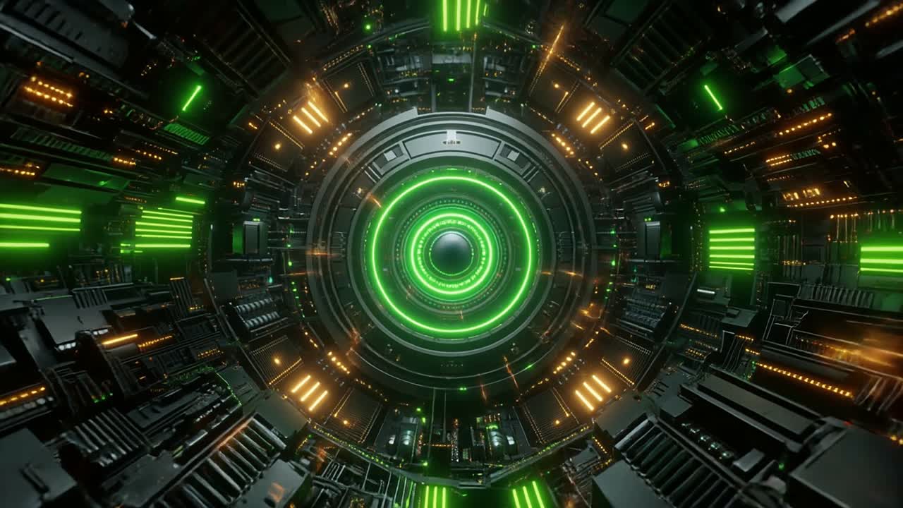Seamless Loop of a Futuristic Cyber Tunnel with Green Lights