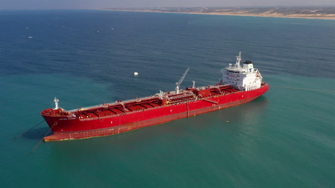 Oil Tanker Tied with strings Close to port Aerial Footage