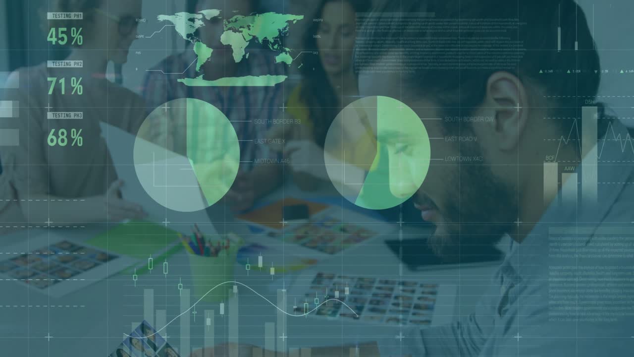Bearded man flipping photos while marketing team passing layouts and charts animating for insights