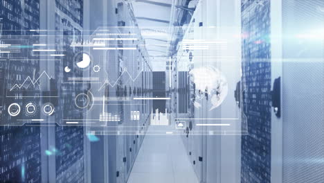 digital data analytics animation over servers in modern data center hallway
