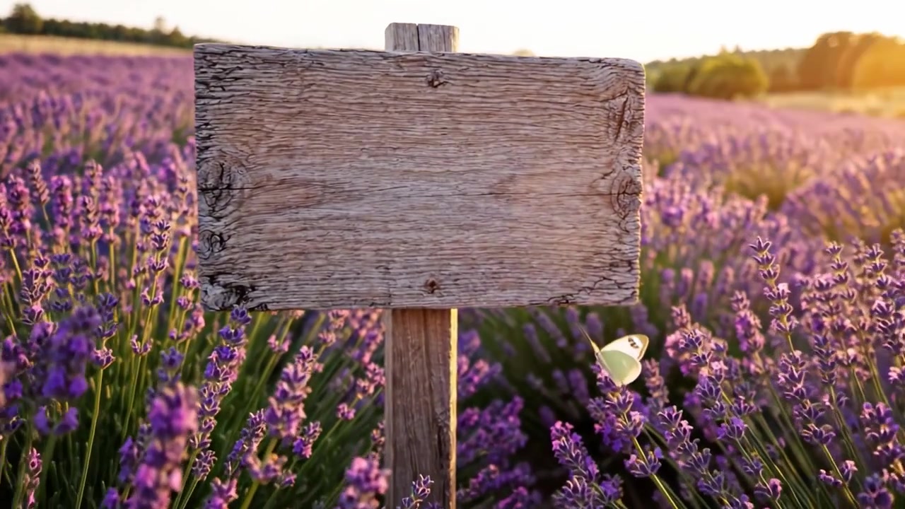 Un pittoresco campo di lavanda con un cartello di legno in primo piano, che cattura la bellezza tranquilla della natura durante l'ora d'oro.