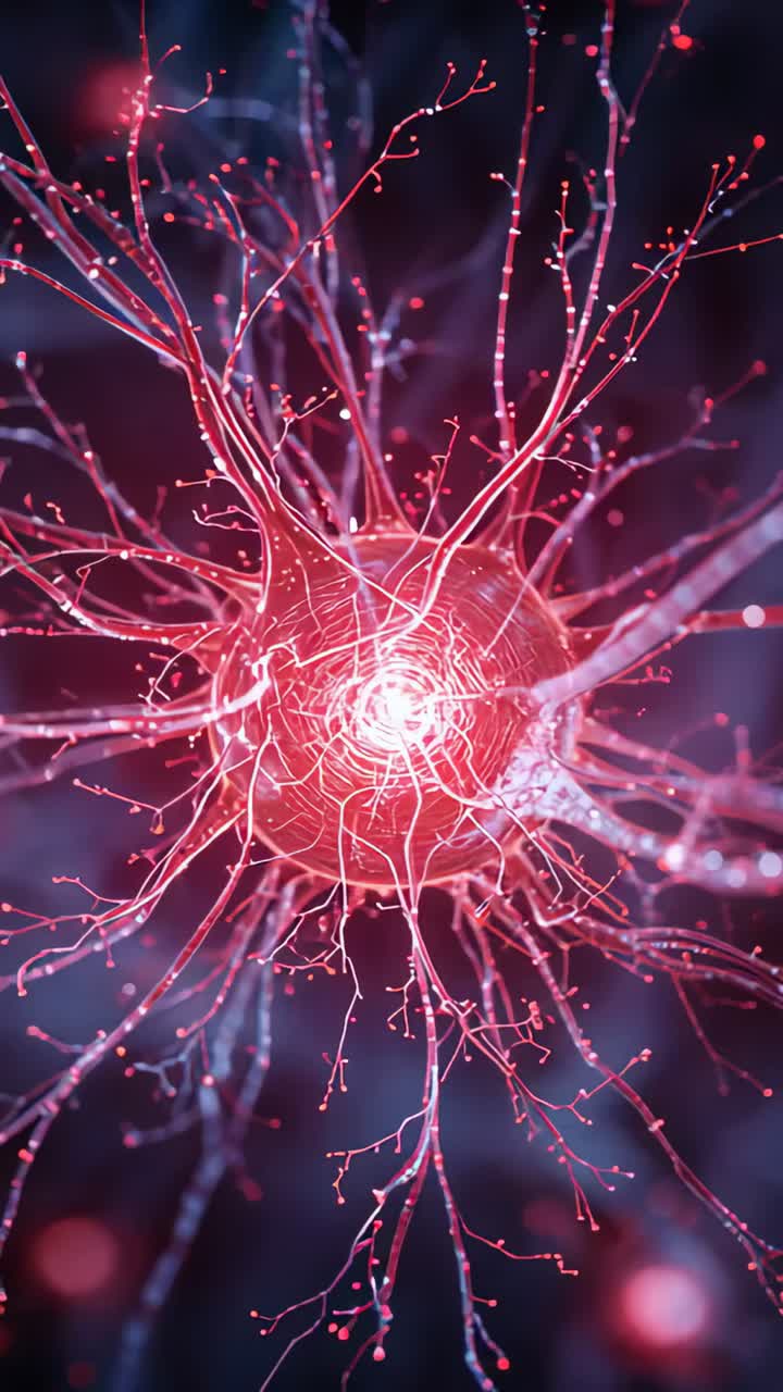Vertical video: Zooming cam moving closer to red core at microscale, showing threads and nodes