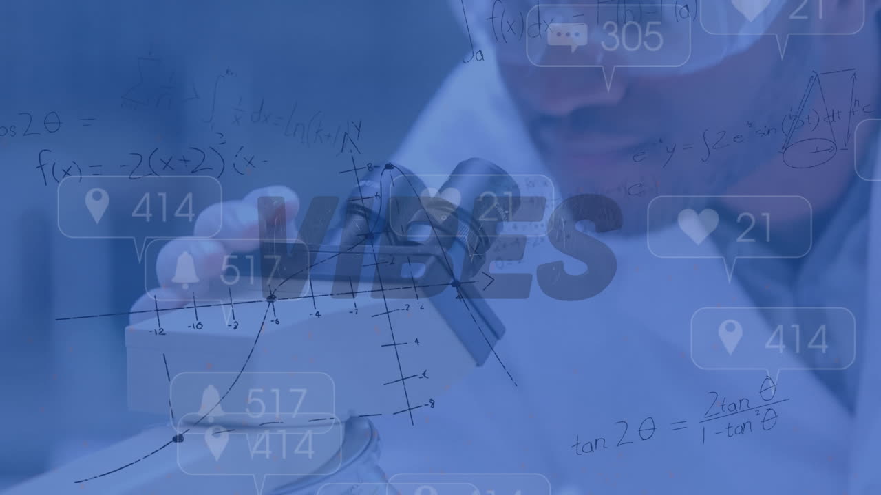 animación de vibraciones texto con números y ecuaciones matemáticas sobre diversos científicos en el laboratorio
