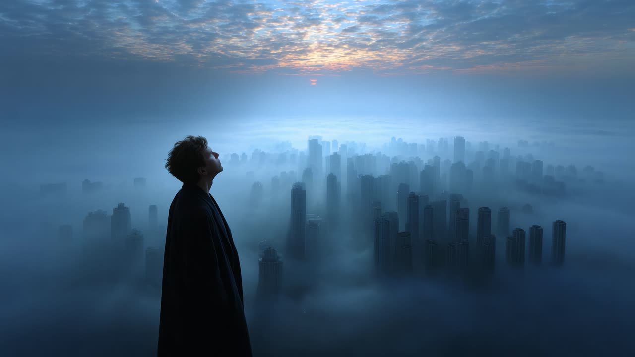 A solitary figure stands amidst a surreal, misty skyline, gazing upwards as dawn breaks, casting ethereal light over the towering city skyline enveloped in soft clouds