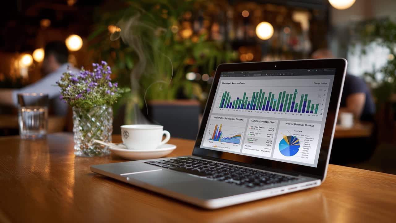 Analyserer datavisualiseringer på en bærbar PC i en koselig kafésetting med en kopp kaffe og friske blomster som forsterker den produktive atmosfæren.