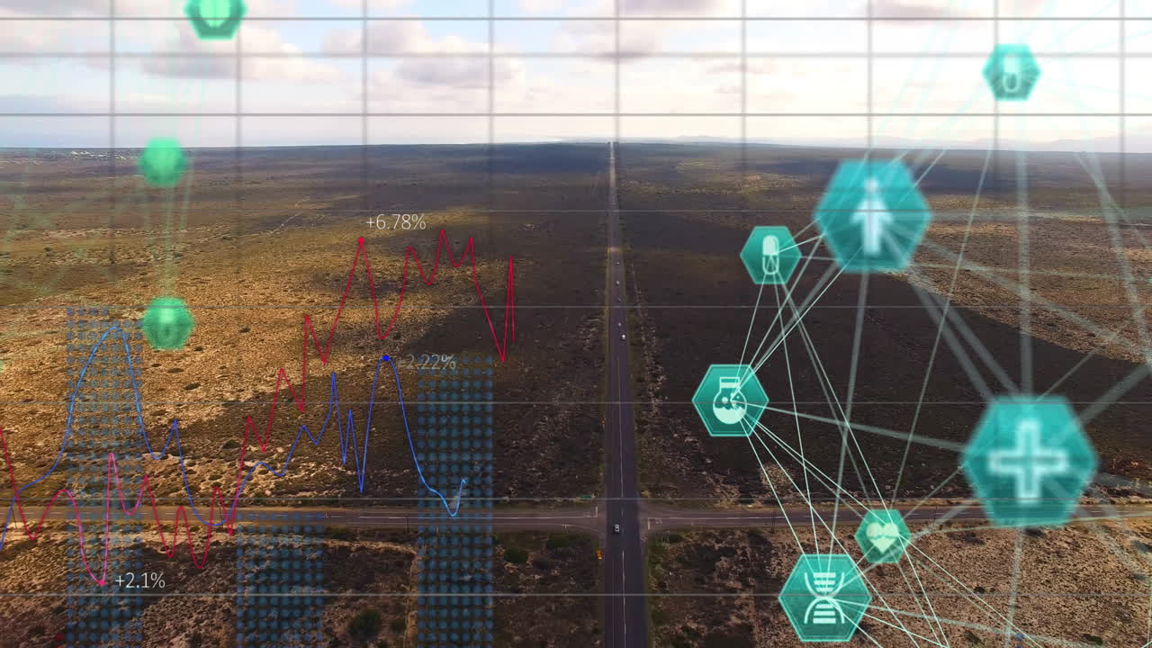Data processing and network connections animation over scenic landscape background