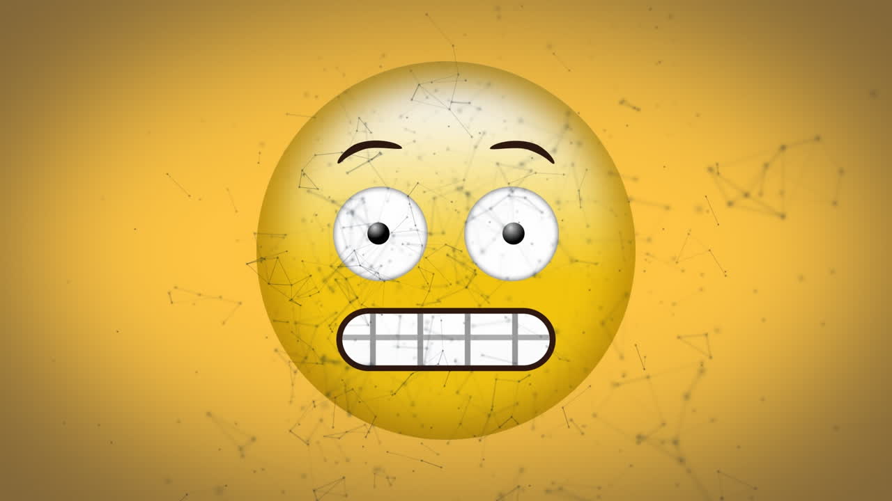 animación digital de una red de conexiones flotando sobre un emoji de cara con muecas en un fondo amarillo