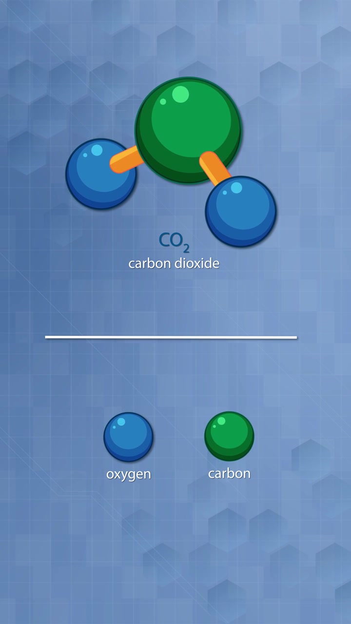 Animated carbon dioxide molecule separates into labeled oxygen and carbon atoms on blue scientific background