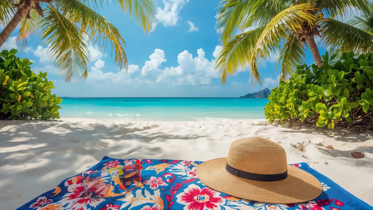Tropical beach scene with hat and sunglasses